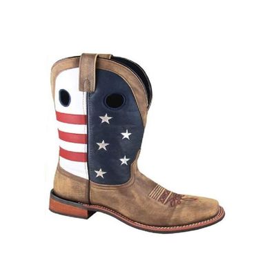 Smoky Men's 9D Red Blue American Flag Brown Leather Western Square Toe Boots