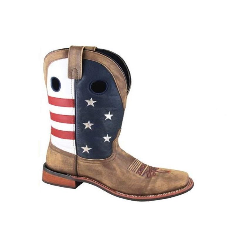 Smoky Men's 9D Red Blue American Flag Brown Leather Western Square Toe Boots