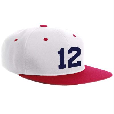 Classic Flat Bill Visor Snapback Hat Custom Color Player Team Numbers, Number 12 Navy, White Red Hat