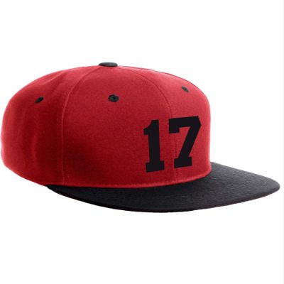 Classic Flat Bill Visor Snapback Hat Custom Color Player Team Numbers, Number 17 Black, Red Black Hat