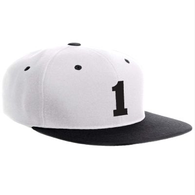 Classic Flat Bill Visor Snapback Hat Custom Color Player Team Numbers, Number 1 Black, White Black Hat
