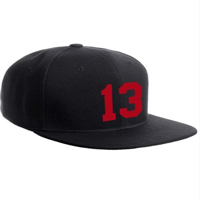 Classic Flat Bill Visor Snapback Hat Custom Color Player Team Numbers, Number 13 Red, Black Hat
