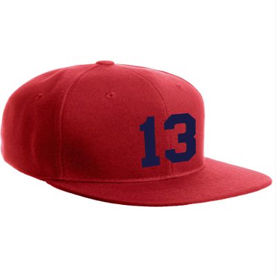 Classic Flat Bill Visor Snapback Hat Custom Color Player Team Numbers, Number 13 Navy, Red Hat