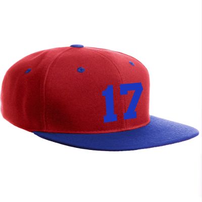 Classic Flat Bill Visor Snapback Hat Custom Color Player Team Numbers, Number 17 Royal, Red Royal Hat