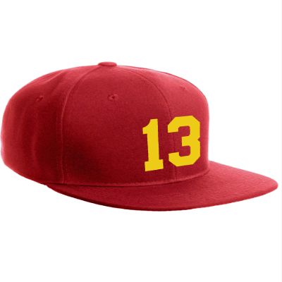 Classic Flat Bill Visor Snapback Hat Custom Color Player Team Numbers, Number 13 Gold, Red Hat
