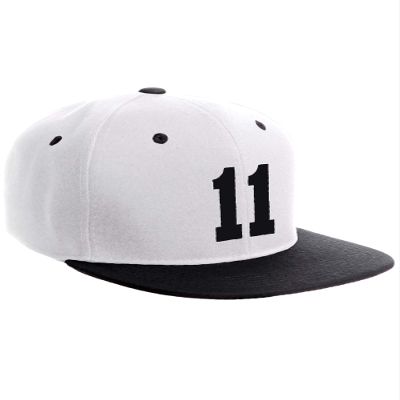 Classic Flat Bill Visor Snapback Hat Custom Color Player Team Numbers, Number 11 Black, White Black Hat