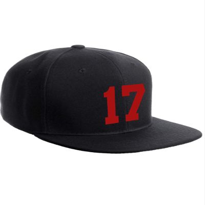 Classic Flat Bill Visor Snapback Hat Custom Color Player Team Numbers, Number 17 Red, Black Hat
