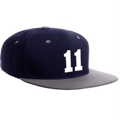 Classic Flat Bill Visor Snapback Hat Custom Color Player Team Numbers, Number 11 White, Navy Grey Hat