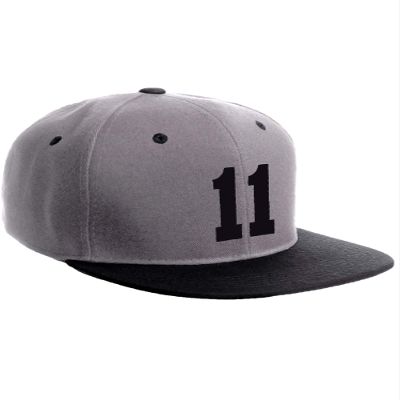 Classic Flat Bill Visor Snapback Hat Custom Color Player Team Numbers, Number 11 Black, Grey Black Hat