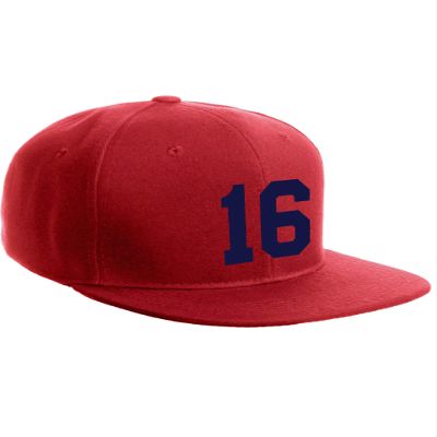Classic Flat Bill Visor Snapback Hat Custom Color Player Team Numbers, Number 16 Navy, Red Hat