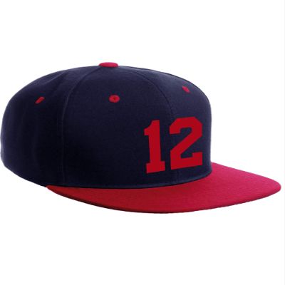 Classic Flat Bill Visor Snapback Hat Custom Color Player Team Numbers, Number 12 Red, Navy Red Hat