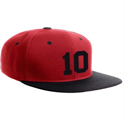 Classic Flat Bill Visor Snapback Hat Custom Color Player Team Numbers, Number 10 Black, Red Black Hat