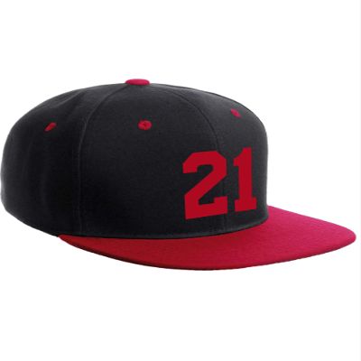 Classic Flat Bill Visor Snapback Hat Custom Color Player Team Numbers, Number 21 Red, Black Red Hat