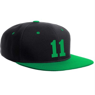 Classic Flat Bill Visor Snapback Hat Custom Color Player Team Numbers, Number 11 Green, Black Green Hat