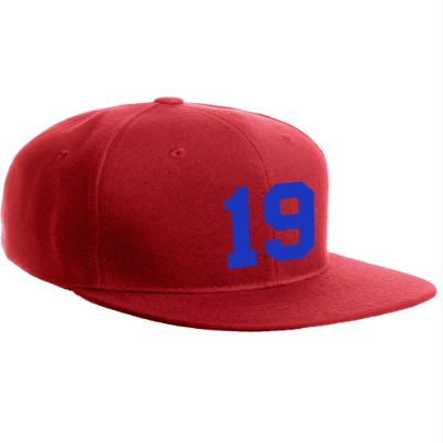 Classic Flat Bill Visor Snapback Hat Custom Color Player Team Numbers, Number 19 Royal, Red Hat