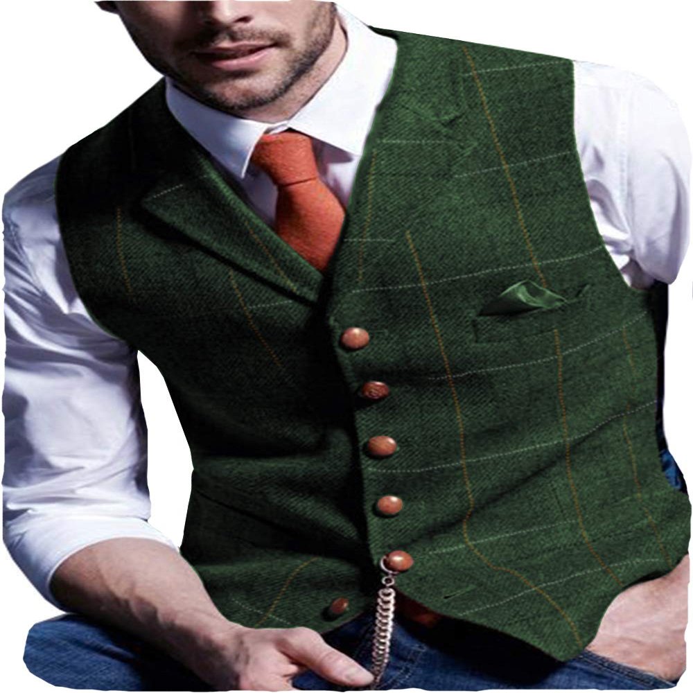 Aesido Casual Men's Vest for Wedding Plaid Soft Wool Tweed Waistcoat for Groosmen Best Man Green M