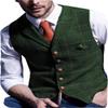 Aesido Casual Men's Vest for Wedding Plaid Soft Wool Tweed Waistcoat for Groosmen Best Man Green M view 1