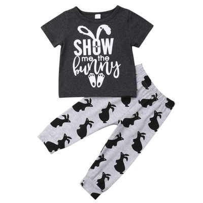 Infant Toddler Baby Girl Boy Easter Outfit Letter Print T-Shirt Tops Bunny Pants Summer Clothes Set (Grey, 3-4T)