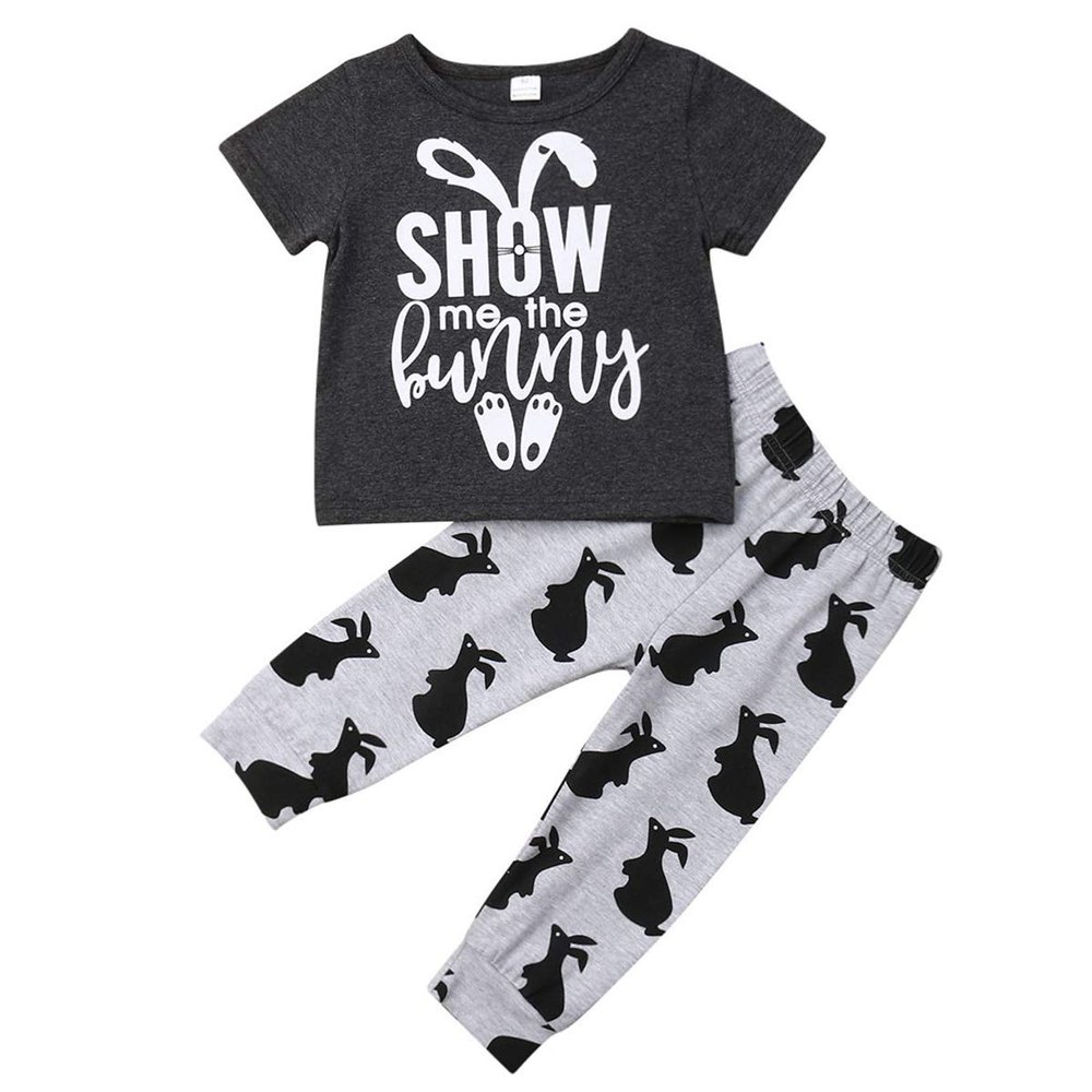 Infant Toddler Baby Girl Boy Easter Outfit Letter Print T-Shirt Tops Bunny Pants Summer Clothes Set (Grey, 3-4T)