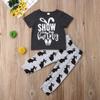 Infant Toddler Baby Girl Boy Easter Outfit Letter Print T-Shirt Tops Bunny Pants Summer Clothes Set (Grey, 3-4T) view 2