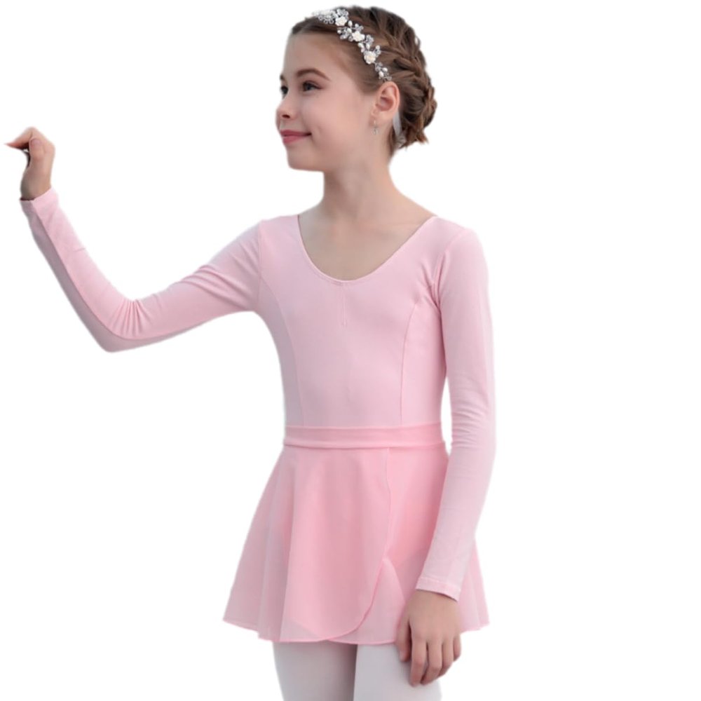 118241029 Kids Princess Cut Line Long Sleeve V Back Ballet Leotards Baiwu (L 140, Light Pink)