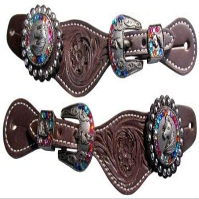 Showman Youth Dark Floral Tooled Leather Spur Straps w/Unicorn Engraved Hardware