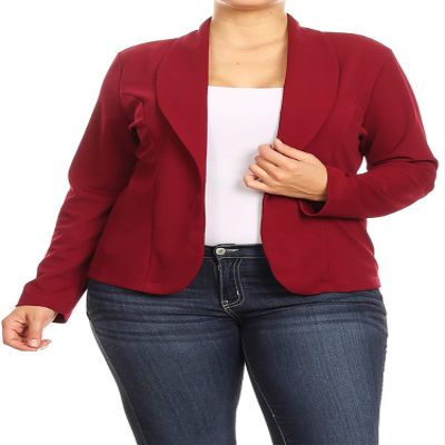 Plus Size Casual Solid Basic Long Sleeve Blazer Cardigan Jacket/Made in USA Burgundy 3XL