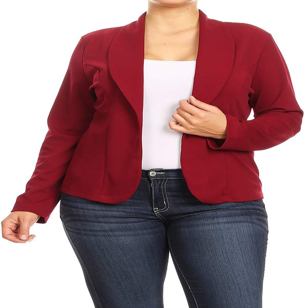 Plus Size Casual Solid Basic Long Sleeve Blazer Cardigan Jacket/Made in USA Burgundy 3XL