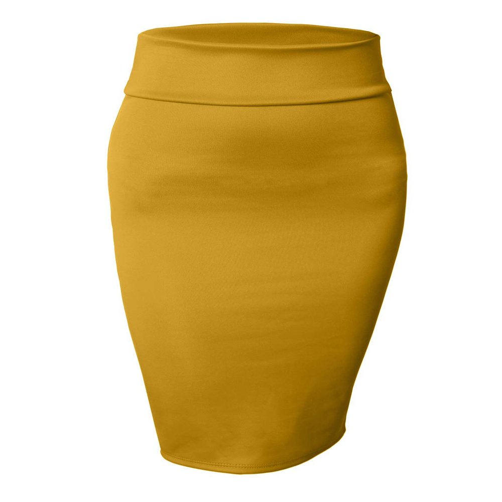 NE PEOPLE Women's Midi Skirt Stretch Knit Bodycon Slim Fit Office Elastic Waist Pencil Solid Skirt Made in USA NEWSK10 Mustard L