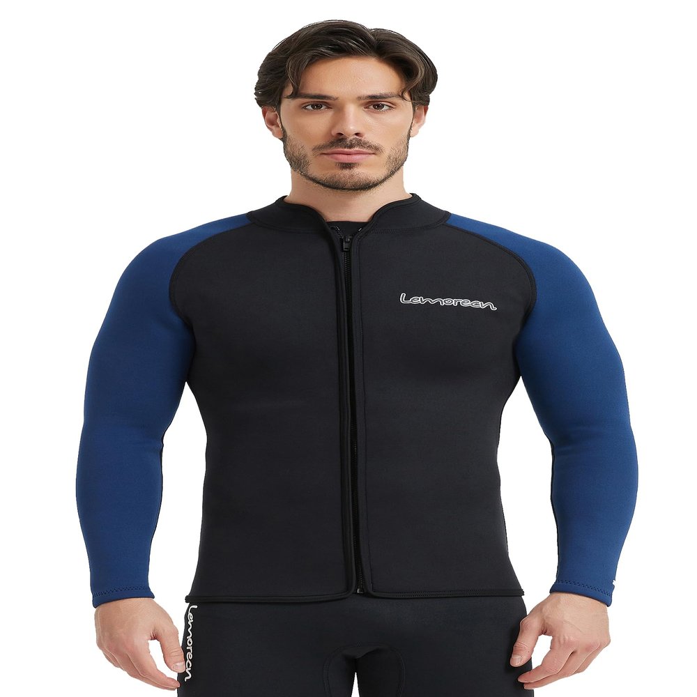 Lemorecn Mens 3mm Wetsuits Jacket Long Sleeve Neoprene Wetsuits Top(2031blackblueM)
