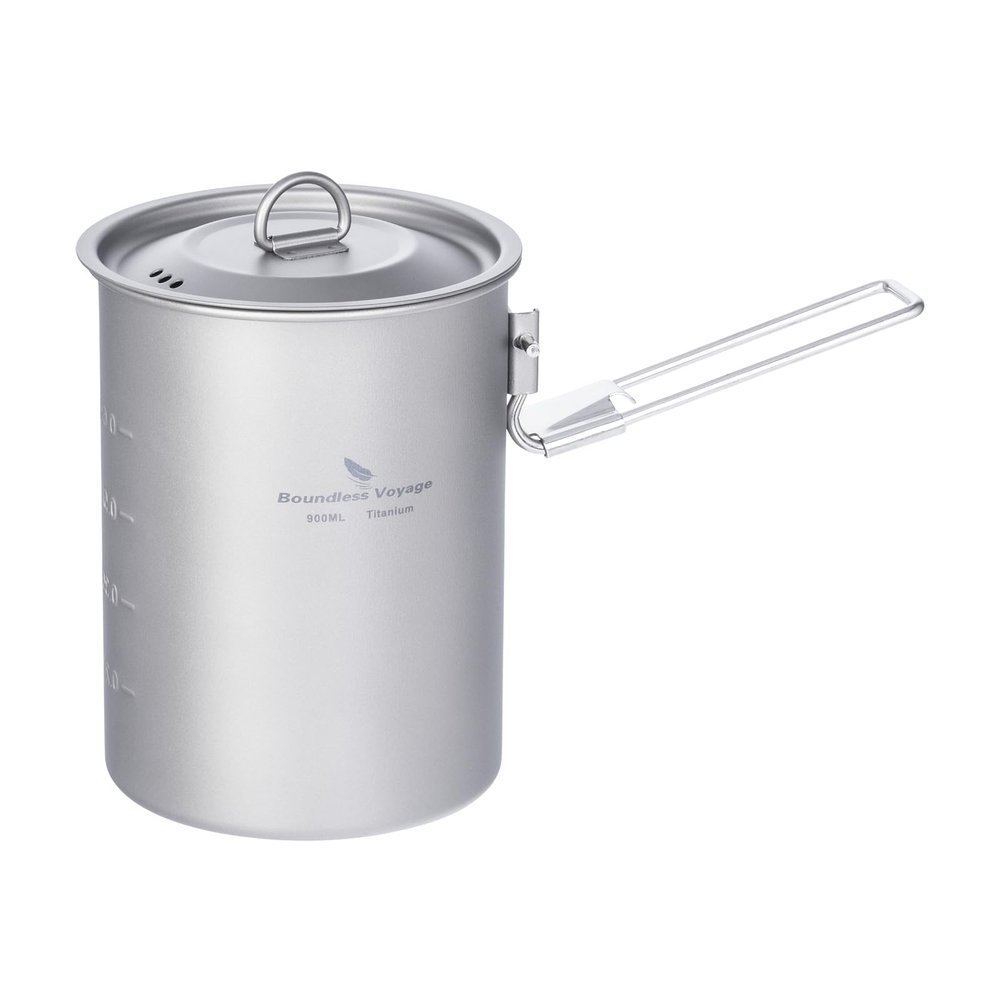 iBasingo 900ml Titanium Pot Camping Cup with Lid Lightweight Portable Bowl for Backpacking Hiking Travel Cookware with Stainless Steel Foldable Handle, Ideal for Coffee, Soup, Cooking Ti2040C