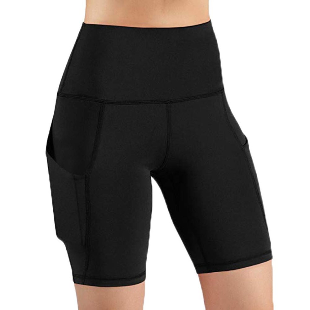 JOFOW Womens Cycling Shorts Solid Skinny Stretch Side Pocket Leggings Thigh Length Slim Workout Fitness Sports Mini Pants (M,Black)
