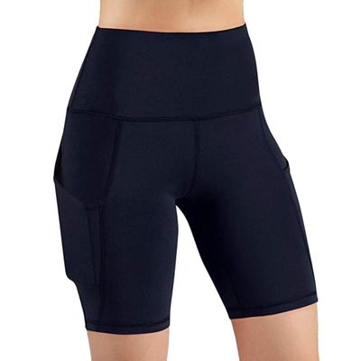 JOFOW Womens Cycling Shorts Solid Skinny Stretch Side Pocket Leggings Thigh Length Slim Workout Fitness Sports Mini Pants (XL,Navy)