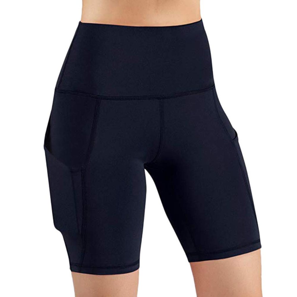 JOFOW Womens Cycling Shorts Solid Skinny Stretch Side Pocket Leggings Thigh Length Slim Workout Fitness Sports Mini Pants (XL,Navy)