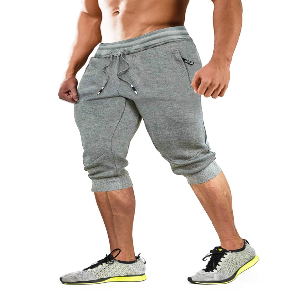 MAGCOMSEN Mens Below Knee 3/4 Capris Joggers Athletic Running Gym Slim Fit Cotton Sweatpants with Zipper Pockets Grey 30