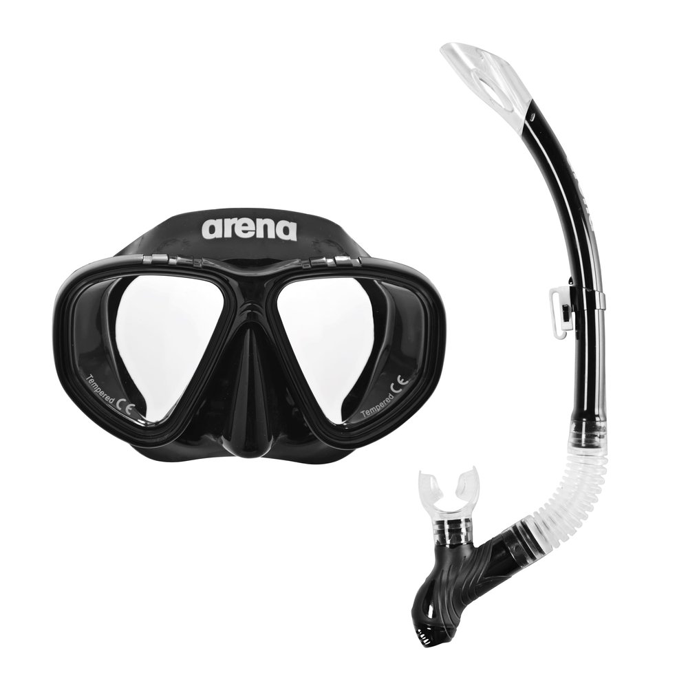 Arena Unisex Kids Youth Premium Snorkeling Gear Set JR Tempered Double Lens Goggles Large Strap, Black/Clear/Black