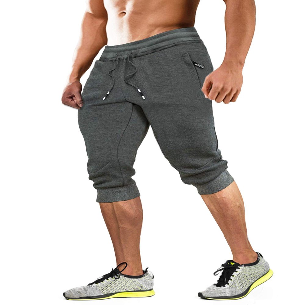 MAGCOMSEN Mens Capris Below Knee Joggers 3/4 Running Athletic Gym Training Jogging Shorts with Zipper Pockets Grey 30