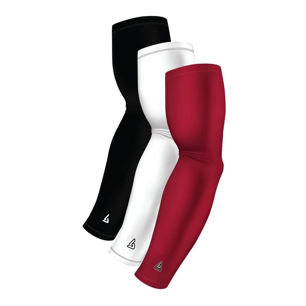 3 Arm Sleeves For Men Women Youth Sports - White Black Red Football Athletic Sleeve - Basketball Baseball Cycling Bowling Volleyball - Spf Cooling Sun Arms Protection When Driving - Elbow Bicep Relief