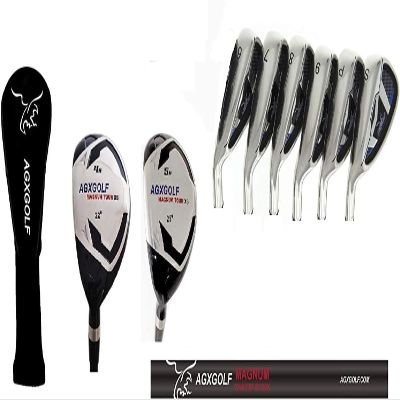 AGXGOLF Men's Left Hand XS Tour Senior Flex, 2X-Tall +2 Inch Length Irons Set w/ # 4 & 5 Hybrids + Wide Sole 6, 7, 8 & 9 Irons, Pitching Wedge + Bonus Sand Wedge; Built in The USA!