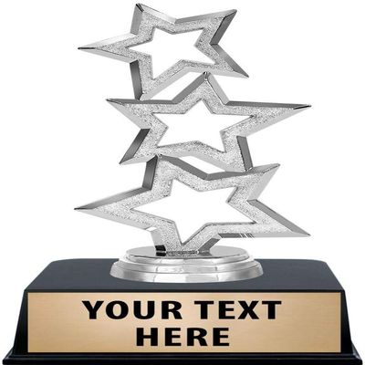 Crown Awards Silver Star Trophies with Custom Engraving, 6" Personalized Three Stars Award Trophy On Black Base 10 Pack