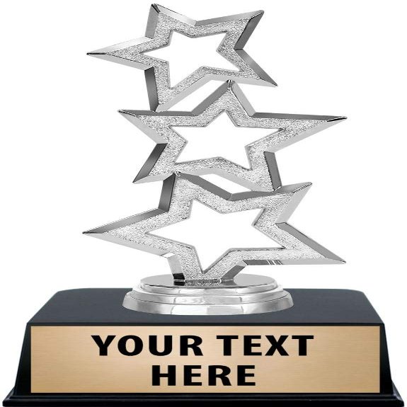 Crown Awards Silver Star Trophies with Custom Engraving, 6" Personalized Three Stars Award Trophy On Black Base 10 Pack