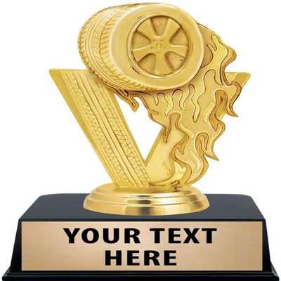 Crown Awards Racing Trophies with Custom Engraving, 6" Personalized Gold Fireball Racing Tire Trophy On Black Base 10 Pack