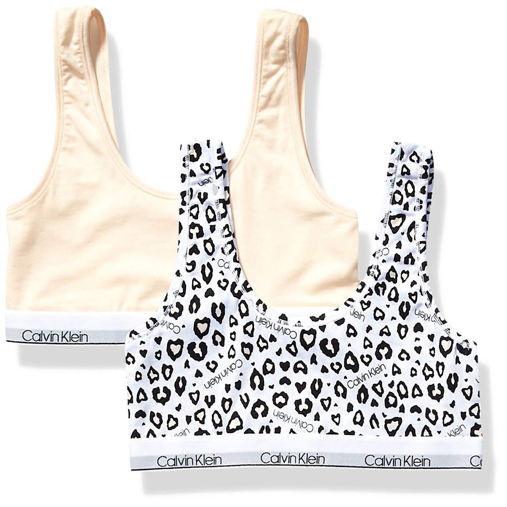 Calvin Klein Kids Girls' Modern Cotton Bralette 2-Pack, Ck Leo/Nude, Small
