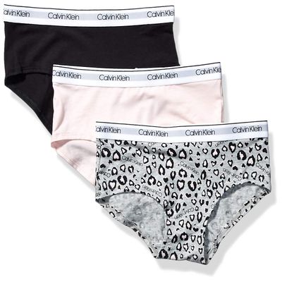 Calvin Klein Kids Girls' Modern Cotton Hipster Underwear 3-Pack, Leo Heather/Crystal Pink/Black, Medium