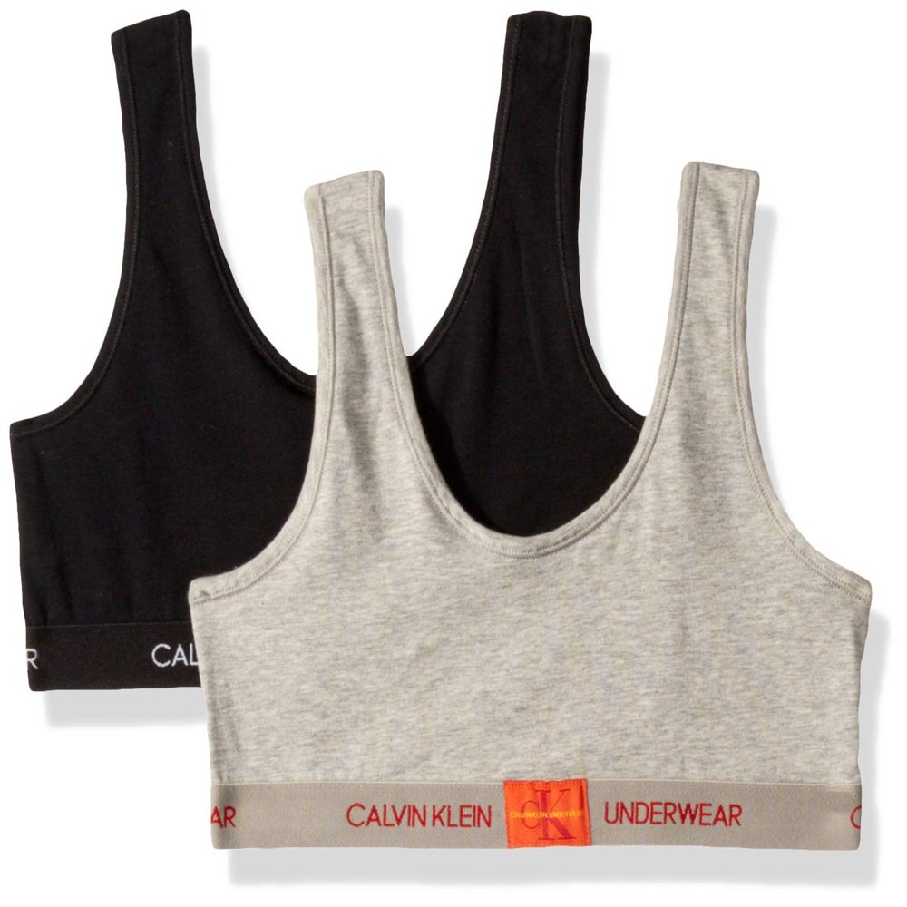 Calvin Klein Kids Girls' Modern Cotton Bralette 2-Pack, Heather Grey/Heather Blue/White, X-Large