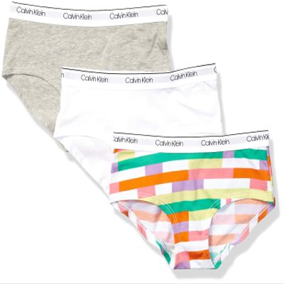 Calvin Klein Kids Girls' Modern Cotton Hipster Underwear 3-Pack, Ck Fragment Print/White/Heather Grey, Small