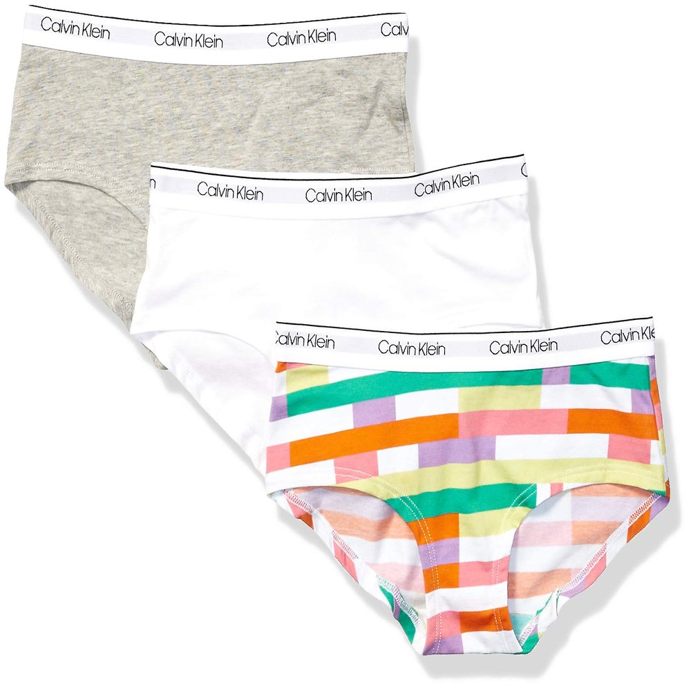 Calvin Klein Kids Girls' Modern Cotton Hipster Underwear 3-Pack, Ck Fragment Print/White/Heather Grey, Small