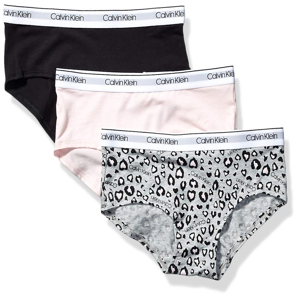 Calvin Klein Kids Girls' Modern Cotton Hipster Underwear 3-Pack, Leo Heather/Crystal Pink/Black, Small