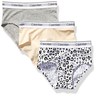 Calvin Klein Kids Girls' Modern Cotton Hipster Underwear 3-Pack, Leo/Nude/Heather Grey, X-Large