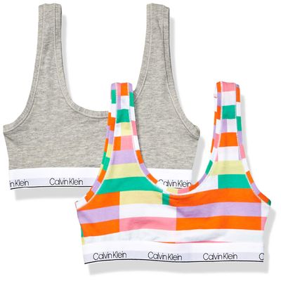 Calvin Klein Kids Girls' Modern Cotton Bralette 2-Pack, Ck Fragment Print White/Heather Grey, X-Large